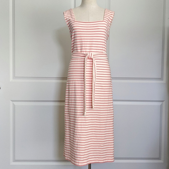 Rails Dress Midi Tie Waist Sleeveless 100% Cotton Knit Ivory Peony Stripe L NWT - Picture 1 of 11